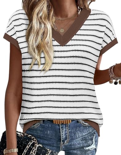 WIHOLL Sweater Vest Women Spring Tops 2026 Short Sleeve Knit Sweaters Lightweight Summer Fashion Cap Sleeve V Neck Casual Beach Vacation Clothes Travel Work Business Outfits Coffee Striped M