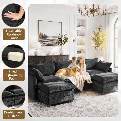 Image of 112 inch U-Shape Modular Sofa with 2 Ottomans, Deep Seat Cloud Convertible Sleeper, 2 Arm Pillows, Comfortable Upholstered Furniture for Living Room Apartment, Black