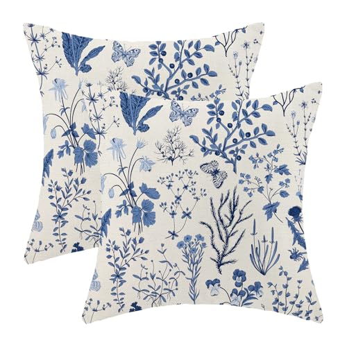 Image of AEIOAE Summer Pillow Covers 24x24 Inch Set of 2,Navy Blue Wild Flower Plant Throw Pillows Case,Seasonal Floral Outdoor Decorative Square Linen Farmhouse Decor Cushion Covers for Home Couch Sofa Bed