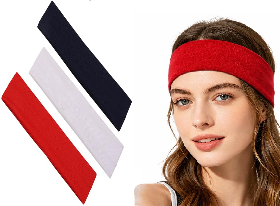 AKADO Elastic Sports Headbands Athletic Hair Headband Women,Men,Boys,Girls Cotton Stretchy Non-Slip Sweat Band Running Yoga (3 PCS Red White Black Crazy Hair Band)-image-34