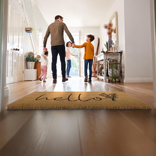 Relaxdays Fußmatte Kokos, Hello-Schriftzug, 60x40 cm, Blumen-Motiv, innen & außen, rutschfeste Türmatte, Natur/schwarz