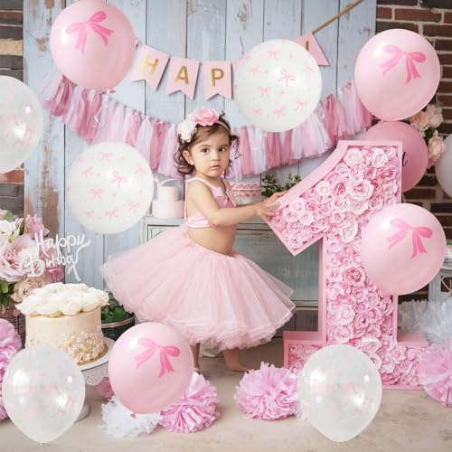 Image of Pink Bow Balloons, 35PCS Light Pastel Pink Clear White Bow Latex Balloon for Girls Women Wedding Bridal Baby Shower Bachelorette Engagement Princess Coquette Birthday Theme Party Decorations Supplies