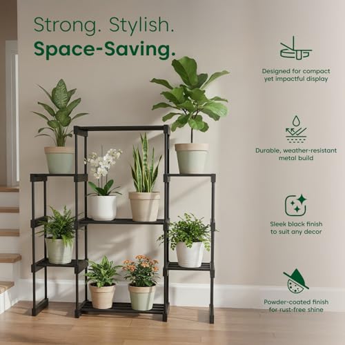 Image of KYARI 7 Tier Metal Plant Stand - Heavy Duty Black Powder Coated Vertical Plant Rack | Rust-Proof Multi Layer Flower Pot Stand for Balcony, Living Room & Outdoor Use (DIY Assembly Required)