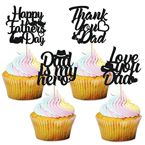 Jozon 24 Pieces Black Glittery Happy Father's Day Cupcake Toppers With Tie Hat Heart Beard Signs Fathers Day Cupcake Picks For Dads Day Party Supplies Cupcake Decorations #TOP8