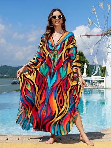 Image of IMAGEKOPE Women's Plus Size Animal Print V-Neck Batwing Kaftan Beach Dress Bathing Suit Cover-Up Loungewear