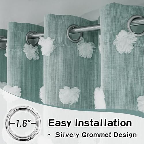 Image of MYSKY HOME 90 Inches Long Teal Curtains for Living Room Nursery Curtains for Bedroom Double Layer Curtains White Pom Pom Sheer Curtains for Dining Room Grommet Room Darkening Window Panels W52 X L90