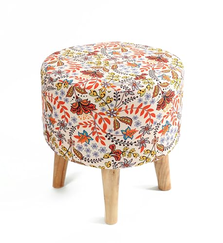 Image of NACIA Velvet Printed Ottoman Chair with Stool Combo | Dressing Table Chair for Bedroom Makeup Room Decor | Modern Upholstered Ottoman with Wooden Legs for Home (18x18x32 Inches, Baby Pink Leaf)