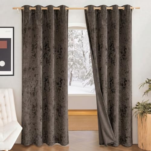 Image of IVAZA Premium Velvet Burnout Pattern 70% Blackout Opaque Curtains - Thermal Insulated, Heavy Blackout Opaques, Room Darkening Curtain for Long Door 10 Feet Pack of 2 Coffee Burnout