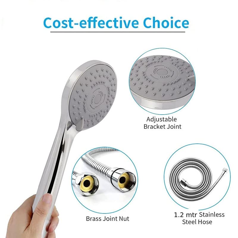 Image of ABS Plastic 5Gear Hand Rain Spray Shower Head with 1.5m Stainless Steel Tube & Wall Hook | Bathroom Hand Shower | Adjustable Water Flow, Durable & Easy Installation (1Set)