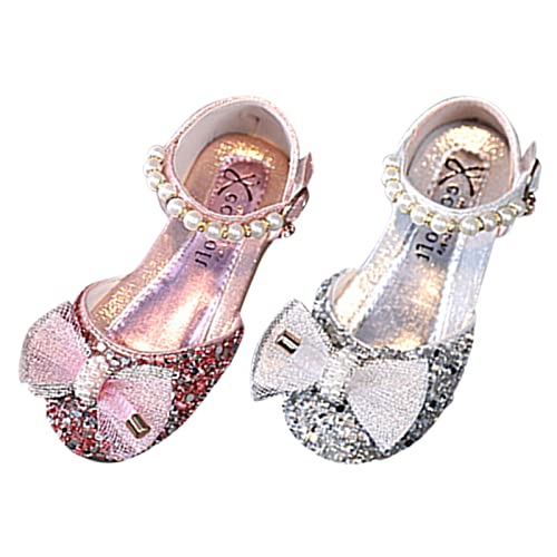 Girls White Dress Shoes Fashion Summer Girls Sandals Dress Performance Dance Shoes Sequin Pearl Mesh Bow Buckle Princess (Pink-a, 11.5 Little Child)2