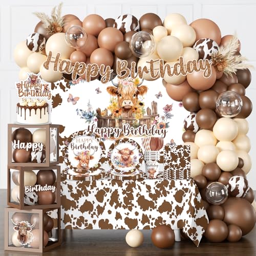 cocomigo 300 PCS Highland Cow Birthday Decorations All-in-One Party Pack with Backdrop Balloon Plates and Napkins for Highland Cow Themed Birthday Party Serves 25 Guests