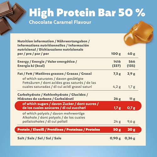 Premier Protein - High Protein Bar 50% - Chocolate Caramel - 16x40g - Low Sugar - Low Carb - palmölfrei