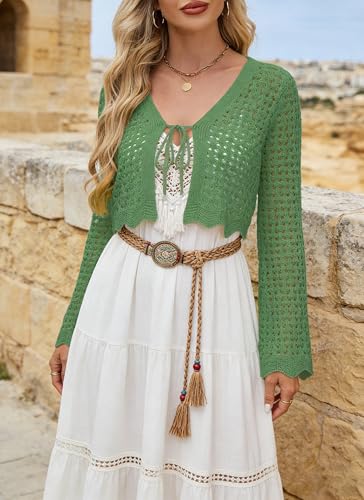 Image of Women's Soft Crochet Tie Front Cardigan Cropped Knit Bolero Shrug Summer Beach Cover Up Top