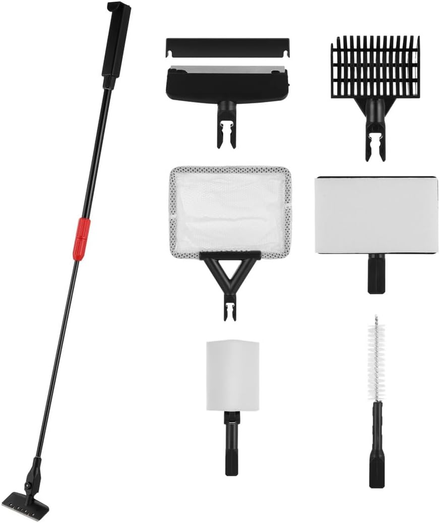 34’’ Adjustable Fish Tank Cleaner Kit, 6-in-1 Telescopic Aquarium Cleaning Tools, Fish Net, Algae Scraper, Sponge Brushes, Algal Brush & Sand Rake