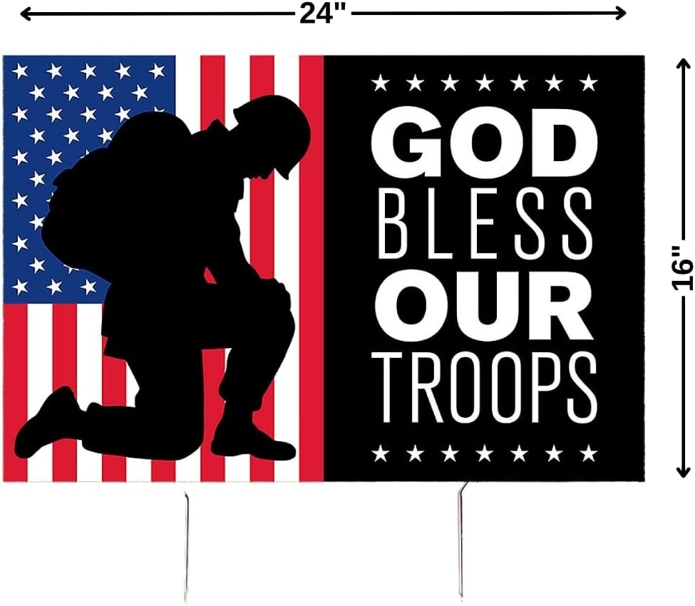 Fun Express God Bless Our Troops Yard Sign – American Flag & Praying Soldier, Corrugated Plastic, 24"L x 16"H, with Stake, Outdoor Lawn & Garden Décor