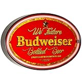 We Feature Budweiser Beer  - Reproduction Vintage Advertising Oval Sign - Battery Powered LED Neon Style Light - 16 x 11 x 2 Inches