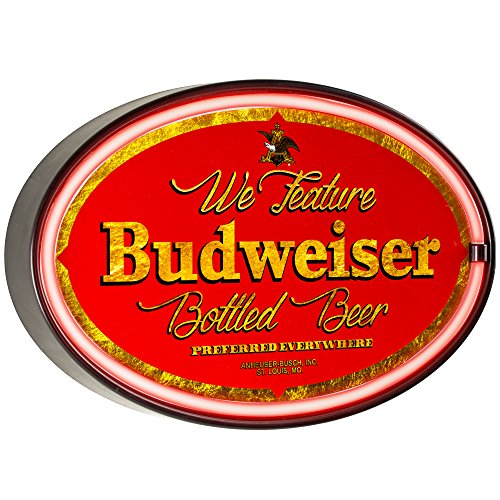 We Feature Budweiser Beer - Reproduction Vintage Advertising Oval Sign - Battery Powered LED Neon Style Light - 16 x 11 x 2 Inches