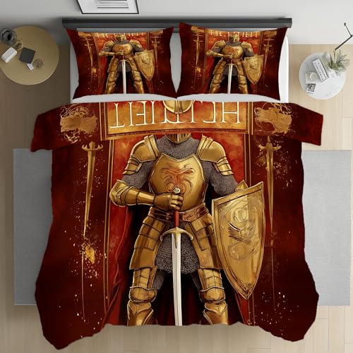 Dppyuxa Housse de Couette 90x190 Chevalier Médiéval Parure de lit 1 Personne Microfibre Housse de Couette Adulte Enfant 3 pièces avec Fermeture Éclair et 2 Taies...