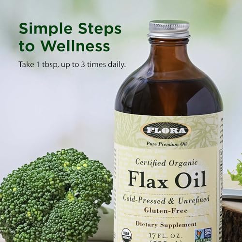 Image of Flora - Flax Oil - Cold-Pressed, Unrefined, Organic Flax Seed Oil - Contains Omega-3 & Omega-6 - Non-GMO & Gluten-Free - Keep Chilled - 32 fl. oz. Amber Glass Bottle (Pack of 3)