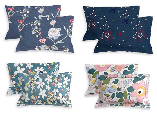 Image of RD TREND 𝐏𝐢𝐥𝐥𝐨𝐰 𝐂𝐨𝐯𝐞𝐫 𝐒𝐞𝐭 𝐨𝐟 𝟒 | 210 TC Glace Cotton | Soft & Breathable | Floral Printed Design | Standard Size 18x28 Inches | Assorted Navy Blue, Teal & Pink | 8 Pcs