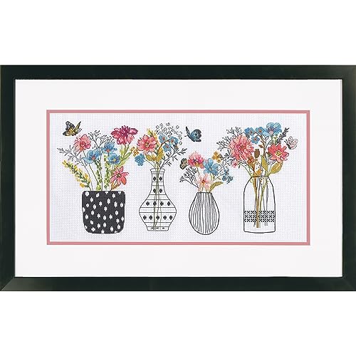Image of Dimensions Butterflies and Wildflower Vases Counted Cross Stitch Kit, 16 inch x 8 inch, 16 Cnt. White Aida 5 pcs