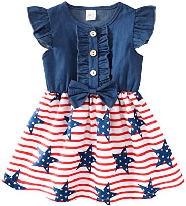 Noubeau Toddler Girl 4th of July Dress Little Girls Sleeveless USA Flag Denim Dresses Bowknot One-Piece Tutu Sundress Skirt (Denim-1,12-18 Months)
