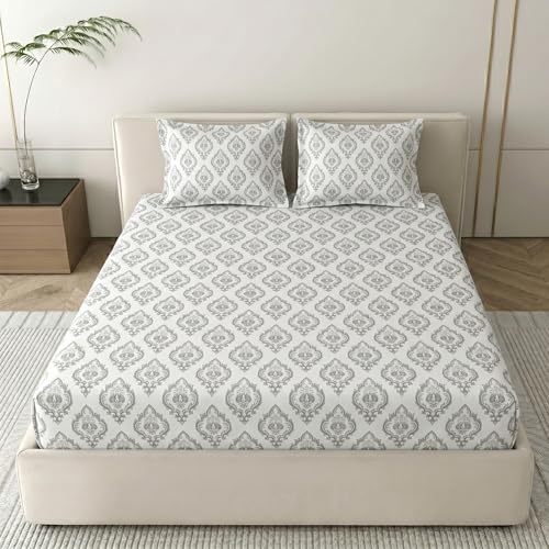 Image of Mafatlal 186 TC Grace Pure Cotton Double Size Bedsheet | 90 x 100 Inch | Soft Breathable Cotton Bed Sheet Set with 2 Pillow Covers | Pearl Grey