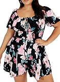 Eytino Women Plus Size Short Jumpsuits Square Neck Puff Sleeve Smocked Hight Waist Boho Floral Printed Summer Rompers,3X Black