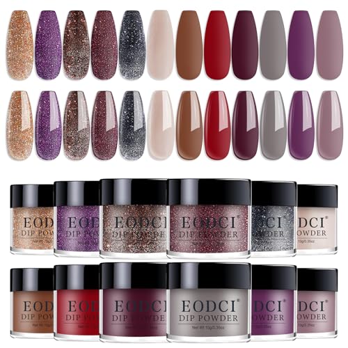 EODCI Nagel Dip Pulver Set 12 Farben Valentinsnagelkunst Starter Maniküre Salon DIY zu Hause Goldglitzer Dunkelviolett Glitzer Nude Rot Grau Keine erforderliche Nagellampe ausgehärtet