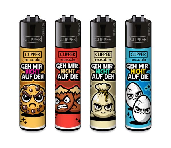 Clipper Feuerzeuge 4er Set Nachfüllbar & Wiederverwendbar Buntes Design Perfekt für unterwegs & Zuhause (GEH Mir Nicht)