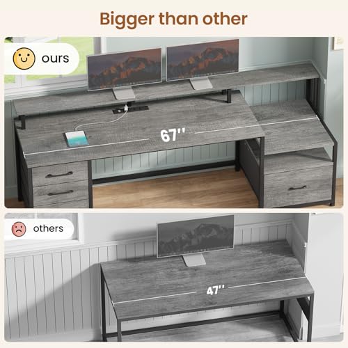 Image of SEDETA Home Office Desk with File Drawer & Power Outlet, 66'' Computer Desk with 5 Drawer, Storage Shelves, Printer Cabinet and Monitor Shelf, Gaming Desk with Led Lights, Grey