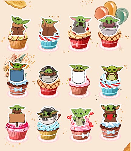 36Pcs Baby Yoda Cupcake Toppers, Baby Yoda Cupcake Birthday Supplies, Suitable For Baby Yoda Theme Birthday Party Decoration. #TOP3