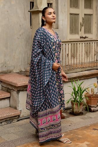 Image of MIRCHI FASHION Pure Cotton Women Straight Printed Embroidery Work Kurti Set with Dupatta and Pant