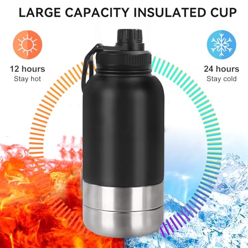 Trinkflasche Hunde für Unterwegs 950ml – Isolierte Edelstahl Hundetrinkflasche Wasserflasche mit Futternapf & Wassernapf, Tragbare Hundeflasche BPA-frei für Reise Spaziergang & Outdoor (Schwarz, L)