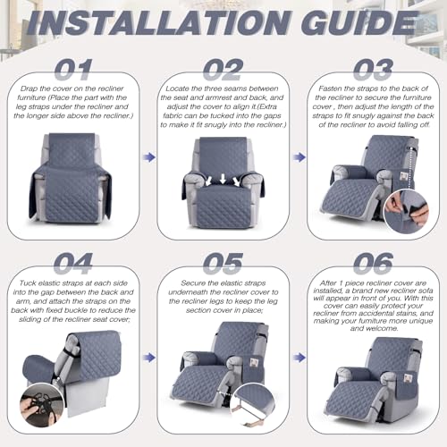 Image of TAOCOCO 100% Waterproof Recliner Covers, Recliner Sofa Covers with Leg Straps, Reversible Recliner Couch Cover for Reclining Chair, Washable Couch Protector for Pets Kids(1 Seater 25 inch, Bluish Gray)