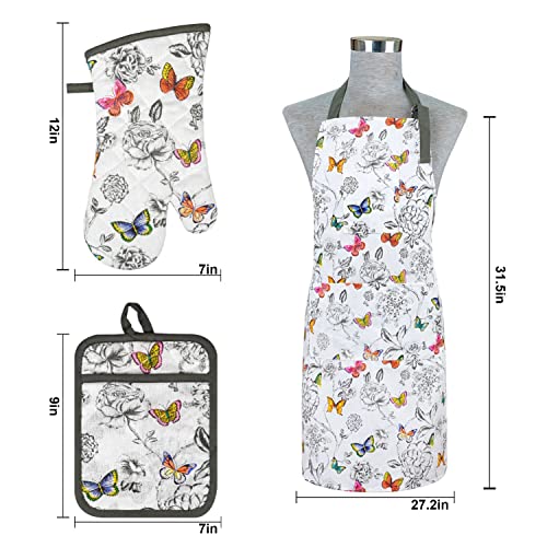 Oven Mitts And Pot Holders With Cooking Apron Set Of 5, Heat Resistant Kitchen Mitten Gloves And Silicone Non-Slip Potholders, Adjustable Neck Buckle Chef Apron, Nice Design For Cooking (Butterfly) #TOP2