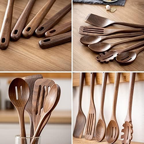 Miniatura 3 de Gudamaye Cucharas de madera de nogal negro de 12 pulgadas para cocinar, 6 cucharas largas de madera Handel, utensilio de madera de nogal negro