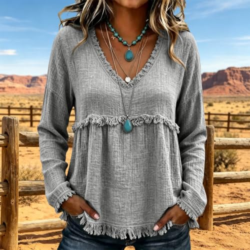 Boho Tops for Women Long Sleeve Flowy Frayed Trim Vintage Tunic Shirts - image 2