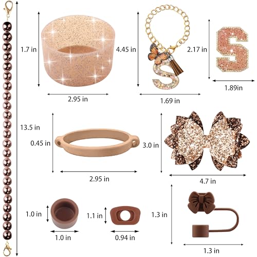 Hpebl 9PCS Brown for Stanley Cup Accessories Set Bling Initials Bow Charms for Stanley Decorations 30/40 Oz Tumbler Accessories Including Bow Straw Topper, Handle Strap, Spill Stopper（Letter S） - image 3