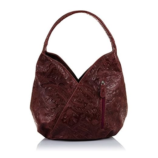 Firenze ARTEGIANI. Bolso Piel auténtica Mujer Grabado Floral Bolso de Hombro.Bolso Boho Mujer. Made in Italy. Vera Pelle Italiana. 33x33x18 cm. Color: Granate