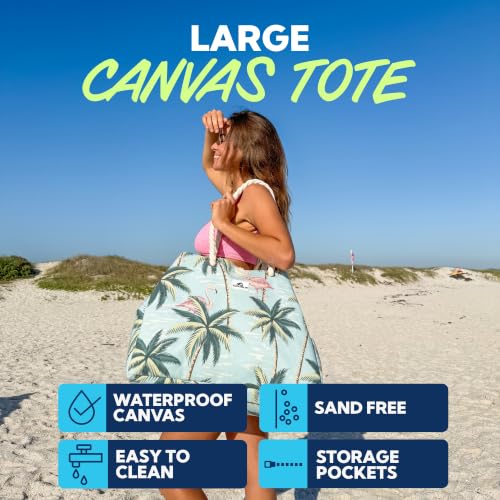 Image of SUN NINJA Canvas Beach Tote Bag with 3 Pockets and a Wooden Closure Toggle
