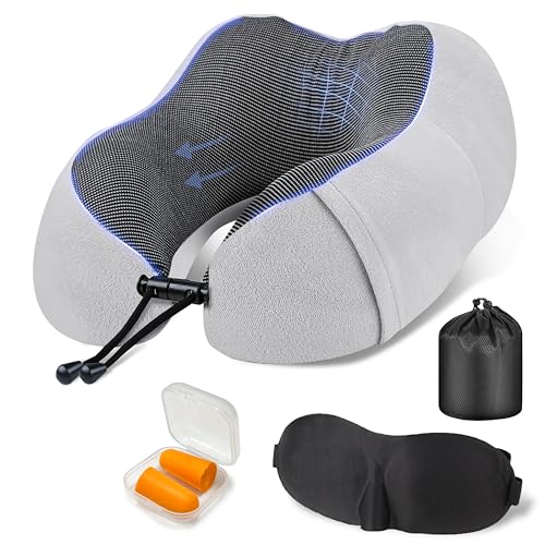 EcoNour Soft Travel Neck Pillow Set | Soft and Comfortable for Airplanes| Includes Eye Masks, Earplugs, & Mesh Bag | Neck Support with Adjustable Rope Memory Foam Support with Zipper