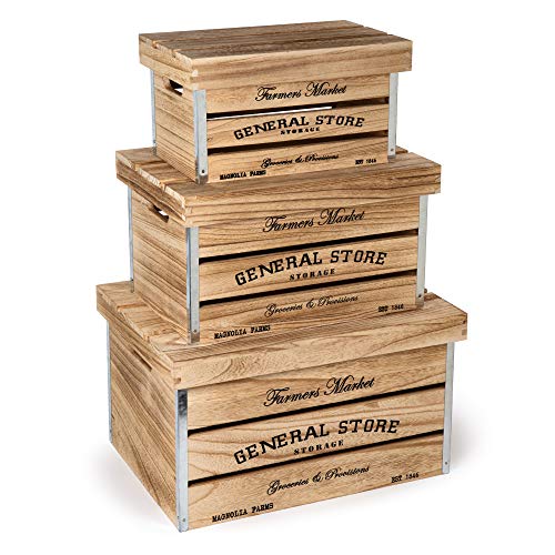 Truu Design Farmhouse Modern 3-Piece Boxes, 16.5 x 12.5 inches, Beige Wooden Storage Crate Set, 16.5 x 12