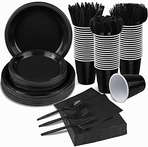 ADXCO 350 Pieces Black Party Supplies Disposable Dinnerware Set Including Plastic Plates Cups Knives Forks Spoons Paper Napkins Serve 50 Guests for Birthday Wedding Graduation Parties
