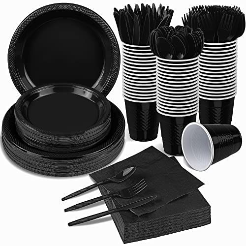 Adxco 350 Pieces Black Party Supplies Disposable Dinnerware Set Including Plastic Plates Cups Knives Forks Spoons Paper Napkins Serve 50 Guests For Birthday Wedding Graduation Parties #TOP9