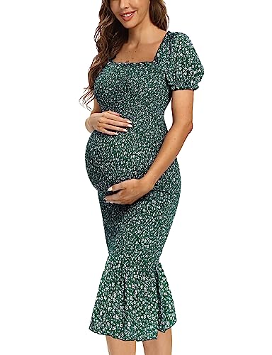 Image of Spring Long Puff Sleeve Maternity Dress Floral Ruffle Hem Mermaid Baby Shower/Photoshoot Dress