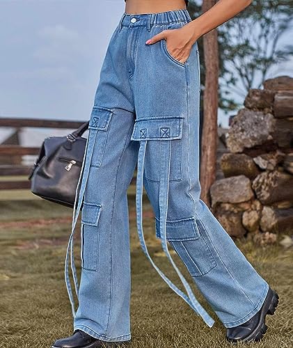 xxxiticat Women's Cargo Jean Pants Casual High Waist Long Ribbon Multi Pockets Wide Leg Baggy Denim Trousers with Pockets2