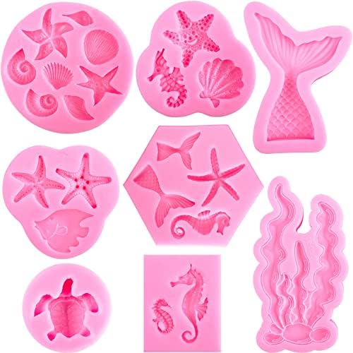 Mermaid Molds Silicone Mermaid Fondant molds Marine Theme Chocolate Polymer Clay Candy Soap Molds Mermaid Tail Seashell Coral Turtle Starfish Seahorse for Homemade Baking DIY
