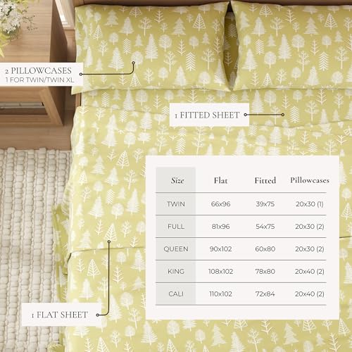 Image of Great Bay Home Flannel Sheet Set California King Size - 100% Turkish Cotton, Double-Brushed, Lodge-Printed Bed Sheets - Ultra-Soft, Cozy, 4-Piece Bedding Set (Winter Forest - Sage /Red)