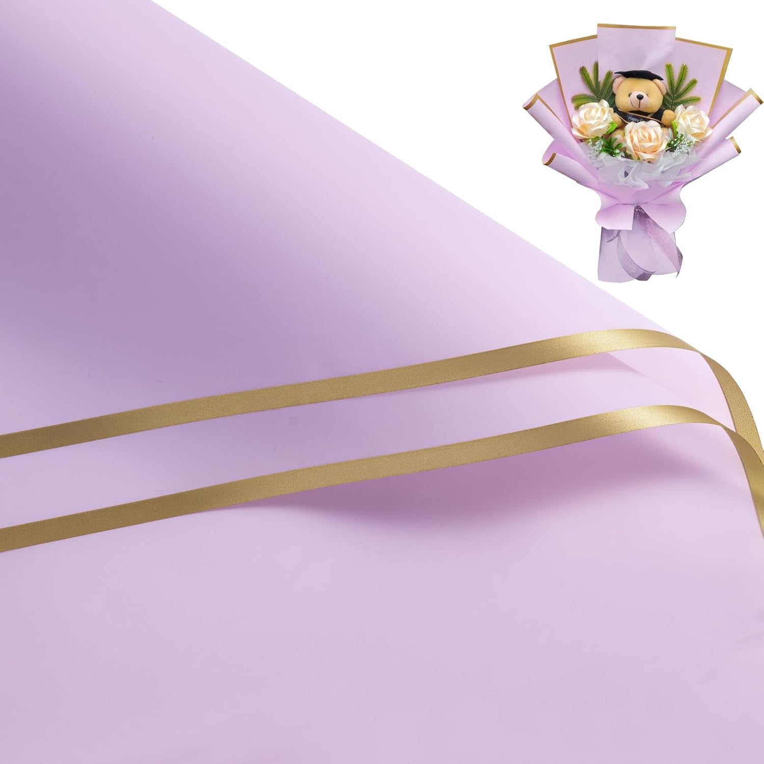 Zarwani - 10 Sheets Korean Style Waterproof Purple Bouquet Wrapping Paper (58cm x 58cm, 60 Microns) | Golden Border Design, Giftwrap for Flowers & DIY Gift Wrapping Paper (10, Gold Border Purple)